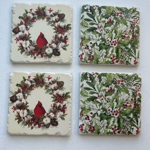 Sandy Lynam Clough cardinal and greenery holly ceramic cork coaster set of four
